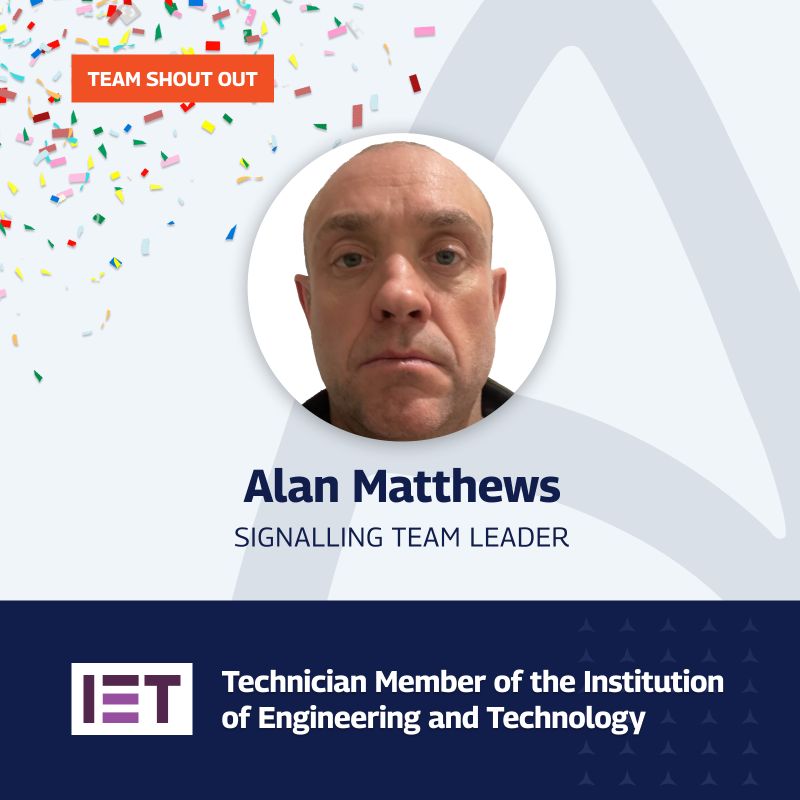 A welcoming graphic introducing Alan Matthews as the new Signalling Team Leader. The image features a close-up portrait of Alan, centered within a circular frame. The background is a sleek combination of dark blue and light blue with a subtle pattern. In the top right corner, an orange label reads “NEW STARTER.” Alan’s name and job title are prominently displayed in bold white text below the portrait.