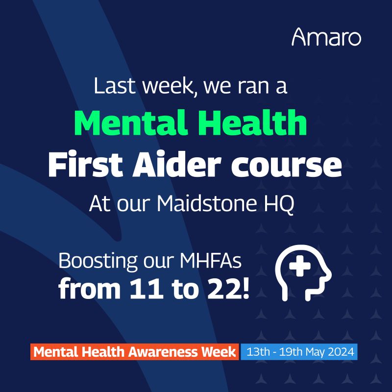 A graphic announcing the completion of a Mental Health First Aider course at Amaro’s Maidstone HQ. The text reads, “Last week, we ran a Mental Health First Aider course at our Maidstone HQ, boosting our MHFAs from 11 to 22!” The design features bold white and green text on a dark blue background, with a small icon of a head with a plus sign next to the text. At the bottom, a banner highlights “Mental Health Awareness Week” from 13th to 19th May 2024. The Amaro logo is displayed in the top right corner.