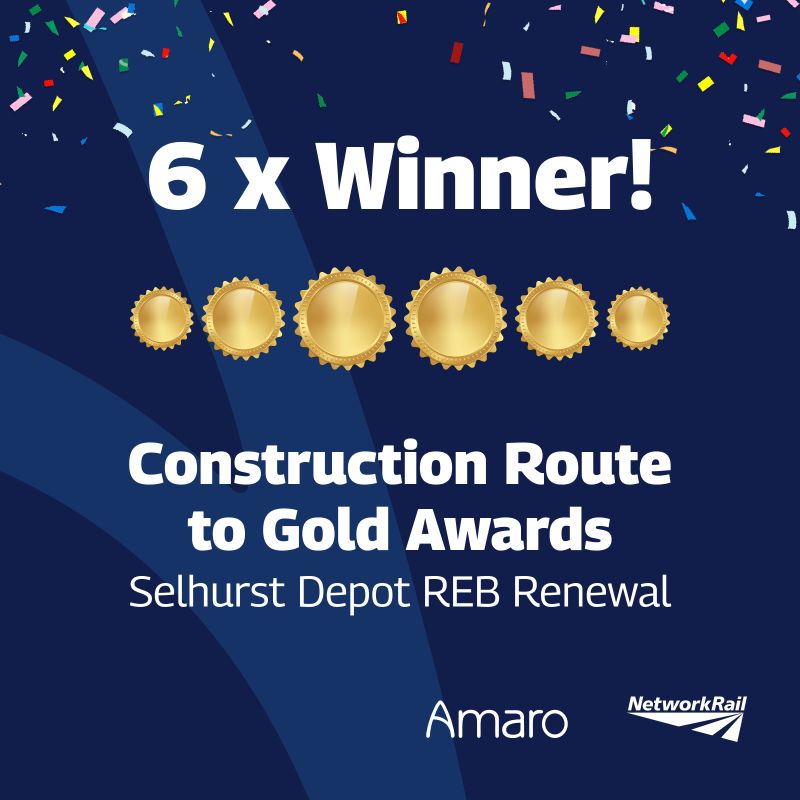 A celebratory graphic announcing Amaro’s Selhurst Depot REB Renewal project as a 6-time winner of the “Construction Route to Gold Awards.” The image features six gold medals aligned horizontally at the center. The text “6 x Winner!” is prominently displayed above the medals, with “Construction Route to Gold Awards” and “Selhurst Depot REB Renewal” below. The Amaro and Network Rail logos are placed at the bottom of the image. The background is dark blue, with colourful confetti scattered at the top left corner.