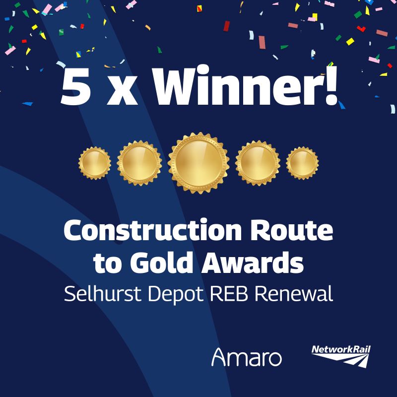 A celebratory graphic announcing Amaro’s Selhurst Depot REB Renewal project as a 5-time winner of the “Construction Route to Gold Awards.” The image features five gold medals aligned horizontally at the center. The text “5 x Winner!” is prominently displayed above the medals, with “Construction Route to Gold Awards” and “Selhurst Depot REB Renewal” below. The Amaro and Network Rail logos are placed at the bottom of the image. The background is dark blue, with colourful confetti scattered at the top left corner.