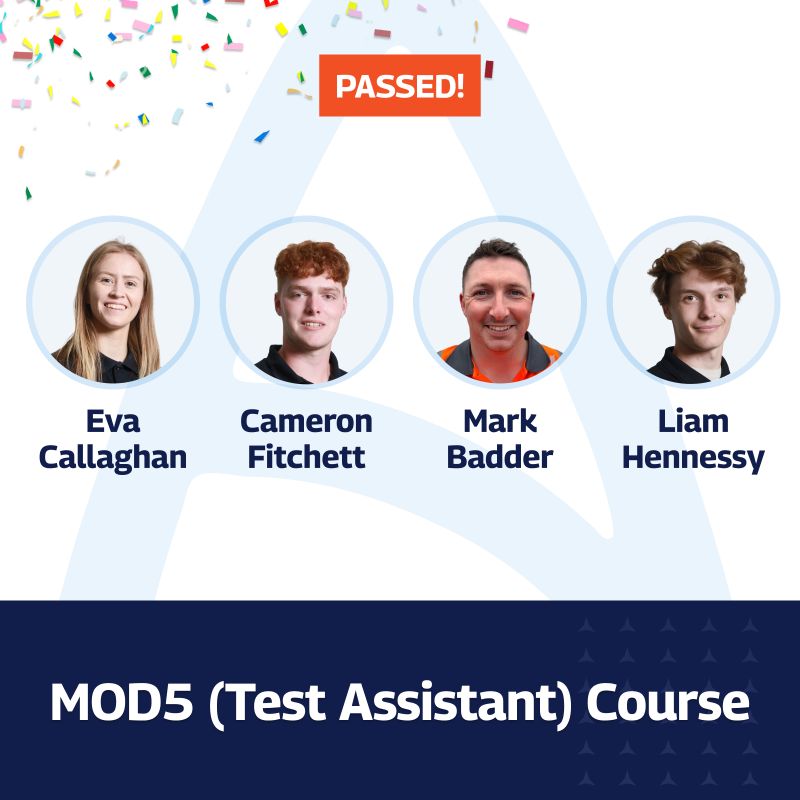 A celebratory graphic announcing the successful completion of the MOD5 (Test Assistant) Course by four individuals. The image features headshots of Eva Callaghan, Cameron Fitchett, Mark Badder, and Liam Hennessy, each within a circular frame. Above their photos, colorful confetti and an orange “PASSED!” label highlight their achievement. The course name, “MOD5 (Test Assistant) Course,” is prominently displayed in bold white text on a dark blue background at the bottom.