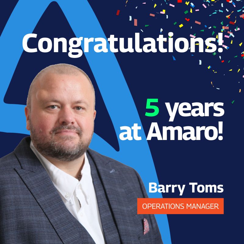 A celebratory graphic congratulating Barry Toms on his 5-year anniversary at Amaro. The image features a professional portrait of Barry, positioned on the left, with colorful confetti in the top right corner. The text “Congratulations! 5 years at Amaro!” is prominently displayed in bold white and green letters. Below, Barry’s name and title, “Operations Manager,” are shown in bold white text with an orange label. The background includes a blue design element on the left side.