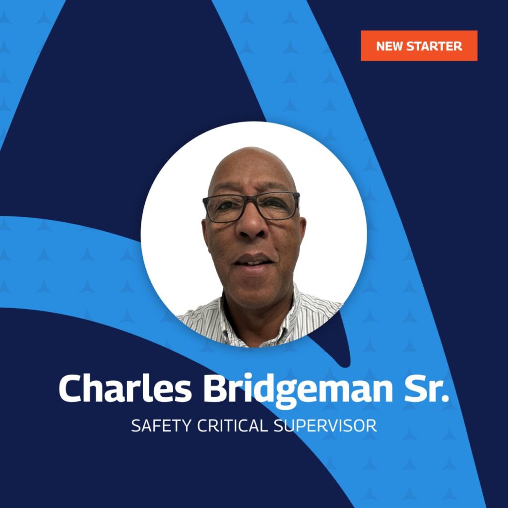 This is an introductory image for a new employee named Charles Bridgeman Sr., who is joining as a Safety Critical Supervisor. The image features a photo of Charles Bridgeman Sr. wearing glasses and a striped shirt, centered within a circular frame against a blue background with abstract patterns. The top right corner has an orange label that says “New Starter.” His name and job title are prominently displayed in white text below his photo.