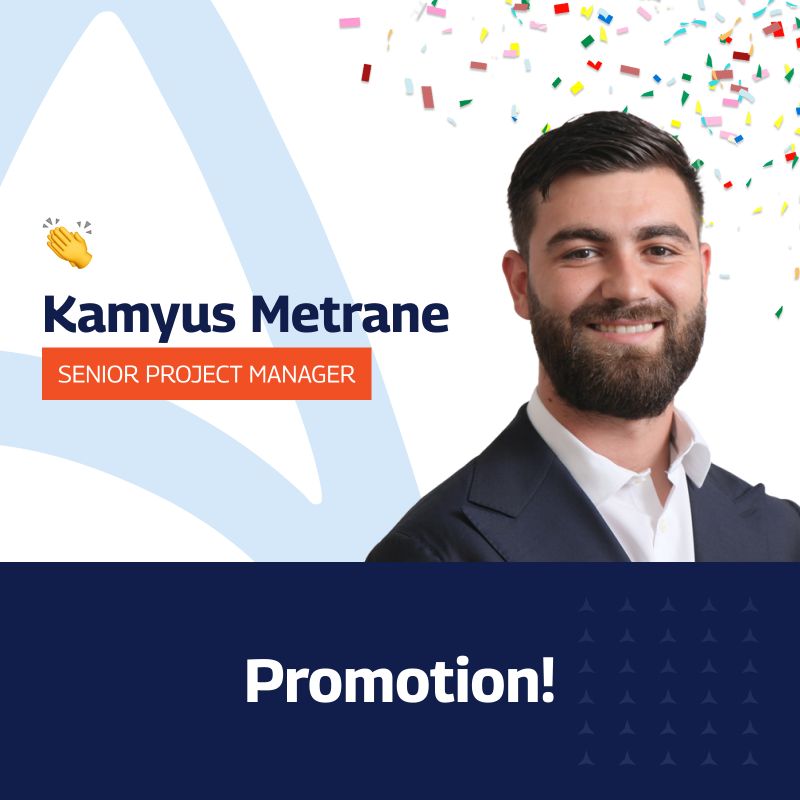 A celebratory graphic announcing Kamyus Metrane’s promotion to Senior Project Manager. The image features a professional portrait of Kamyus on the right, with colorful confetti in the top right corner. His name and new title, “Senior Project Manager,” are displayed on the left with a small clapping hands emoji. The text “Promotion!” is prominently shown in bold white letters on a dark blue background at the bottom of the image.