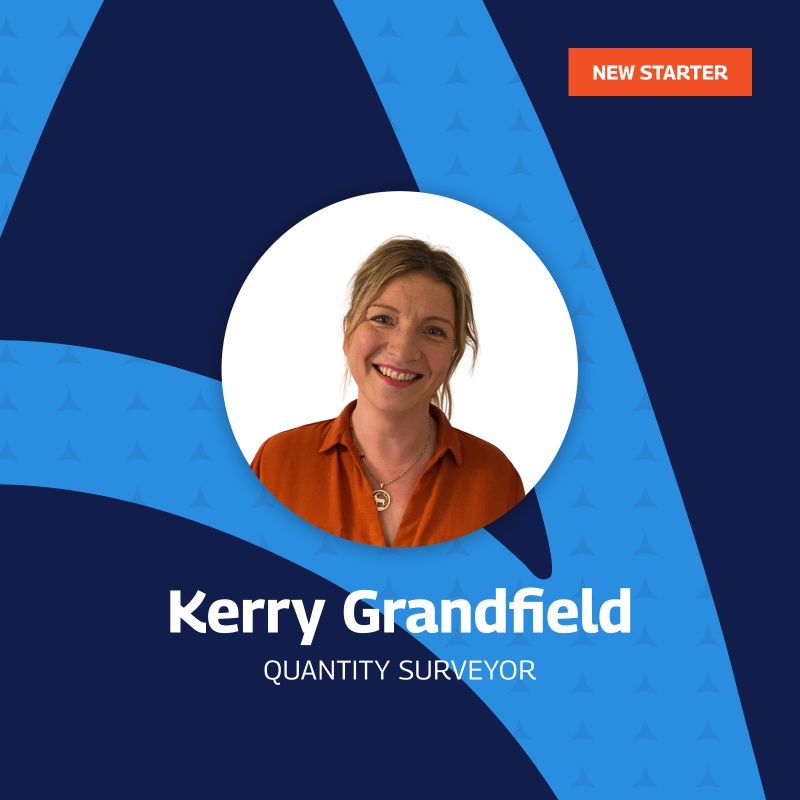 A welcoming graphic introducing Kerry Grandfield as the new Quantity Surveyor. The image features a smiling portrait of Kerry, centered within a circular frame. The background design is a sleek combination of dark blue and light blue with a subtle pattern. In the top right corner, an orange label reads “NEW STARTER.” Kerry’s name and job title are prominently displayed in bold white text below the portrait.