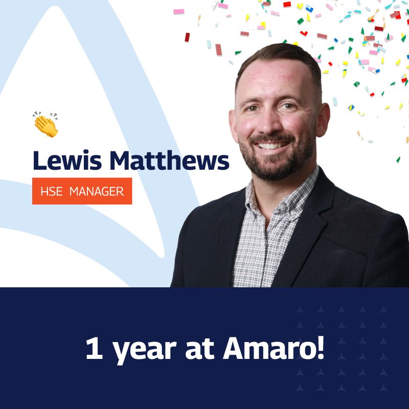 A celebratory graphic recognizing Lewis Matthews’ 1-year anniversary at Amaro. The image features a professional portrait of Lewis on the right, with colorful confetti in the top right corner. His name and title, “HSE Manager,” are displayed on the left with a small clapping hands emoji. The text “1 year at Amaro!” is prominently shown in bold white letters on a dark blue background at the bottom of the image.