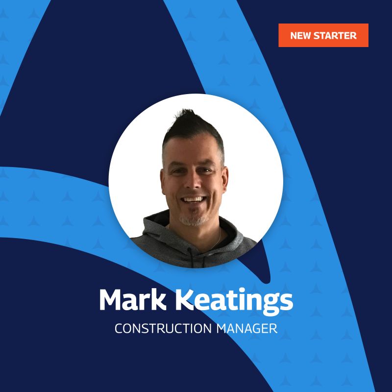 A welcoming graphic introducing Mark Keatings as the new Construction Manager. The image features a smiling portrait of Mark, centered within a circular frame. The background design is a sleek mix of dark blue and light blue with a subtle pattern. An orange label in the top right corner reads “NEW STARTER.” Mark’s name and job title are displayed in bold white text below the portrait.