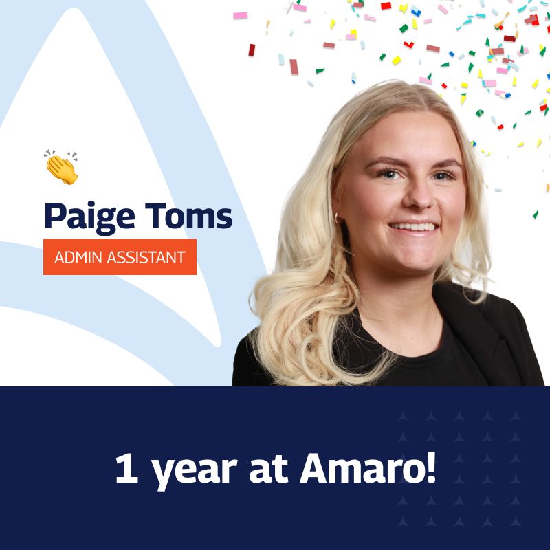 A celebratory graphic recognizing Paige Toms’ 1-year anniversary at Amaro. The image features a professional portrait of Paige on the right, with colourful confetti in the top right corner. Her name and title, “Admin Assistant,” are displayed on the left with a small clapping hands emoji. The text “1 year at Amaro!” is prominently shown in bold white letters on a dark blue background at the bottom of the image.