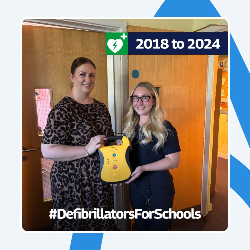 A graphic celebrating six years of supporting the #DefibrillatorsForSchools initiative, from 2018 to 2024. The image features two women standing together, holding a yellow defibrillator, in a school setting. A banner at the top right reads “2018 to 2024” with a heart and defibrillator icon in green. The hashtag “#DefibrillatorsForSchools” is prominently displayed at the bottom of the image in bold white text. The design includes a modern blue and white border.