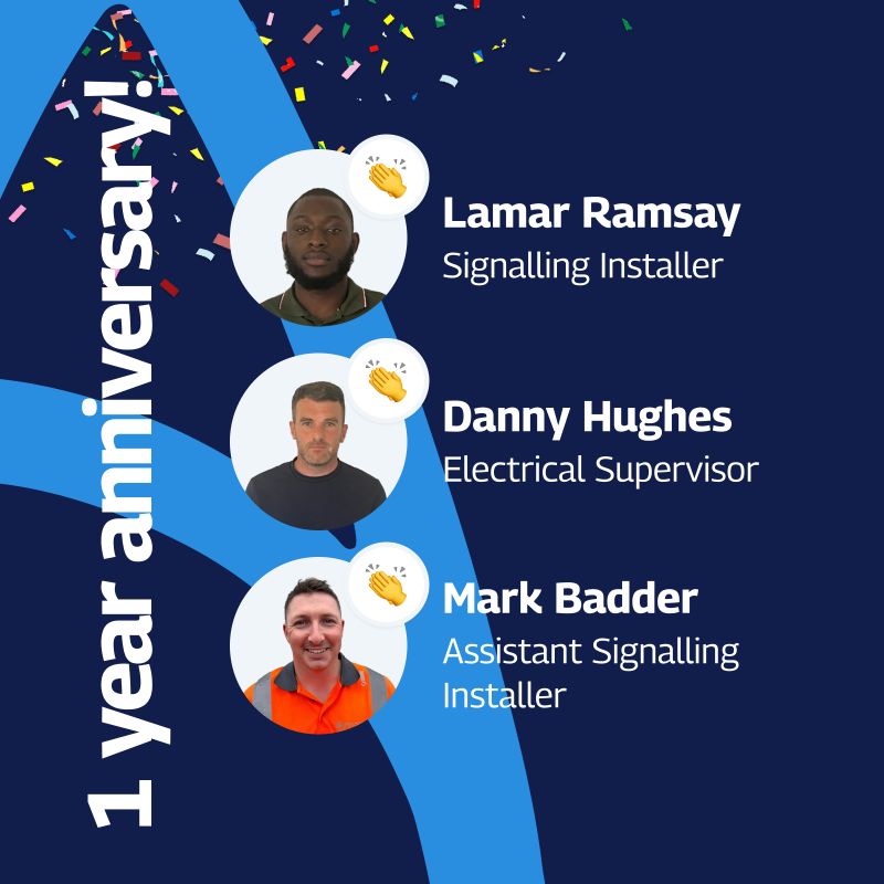 A celebratory graphic recognizing the 1-year anniversary of three team members at Amaro: Lamar Ramsay, Danny Hughes, and Mark Badder. The image features vertical portraits of the three individuals, each accompanied by a clapping hands emoji. Their names and titles are displayed to the right: Lamar Ramsay, Signalling Installer; Danny Hughes, Electrical Supervisor; and Mark Badder, Assistant Signalling Installer. The text “1 year anniversary!” is prominently displayed along the left side in bold white letters on a dark blue background, with colorful confetti at the top.