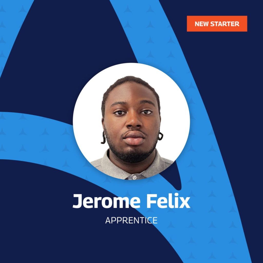 Image of a new apprentice named Jerome Felix. The background is blue with patterns, and there's a label at the top right corner saying "NEW STARTER.