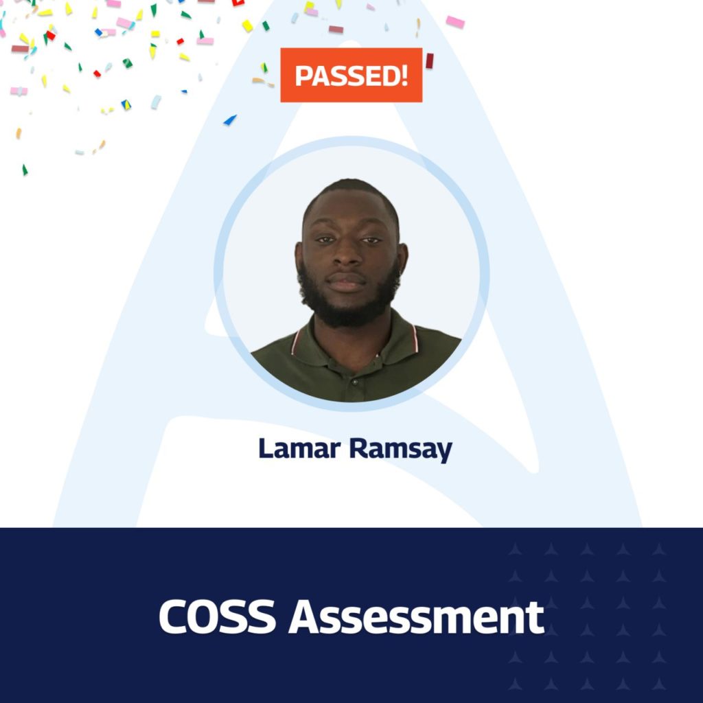 Portrait of a man with a beard wearing a green collared shirt, identified as Lamar Ramsay. The image features the text 'PASSED!' in an orange box above the portrait, with celebratory confetti around it. Below the portrait, the text reads 'COSS Assessment,' indicating the completion of a specific assessment.