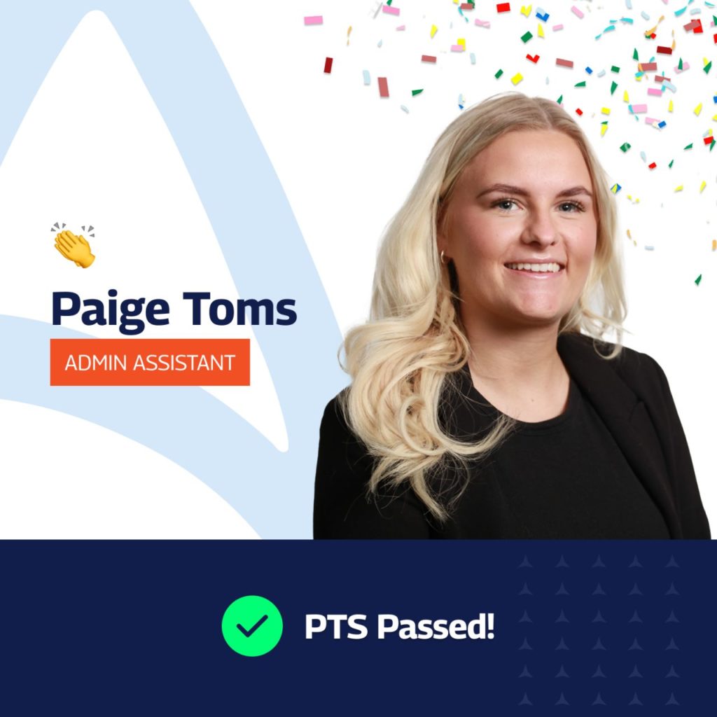 "Smiling woman with long blonde hair wearing a black blazer, identified as Paige Toms, Admin Assistant. The image includes celebratory confetti at the top and a checkmark symbol at the bottom with the text 'PTS Passed!' indicating a successful achievement."