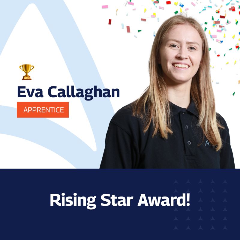 A professional celebratory graphic featuring Eva Callaghan, recognized with the Rising Star Award. Eva is depicted as a young woman with long blonde hair, wearing a black polo shirt with the Amaro logo. The graphic has a festive background with multicolored confetti, and design elements include a gold trophy icon next to her name and title ‘Apprentice.’ A triangular design element in white and blue adorns the background.