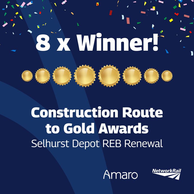 A graphic celebrating Amaro’s achievement of winning 8 gold awards at the Construction Route to Gold Awards for the Selhurst Depot REB Renewal project. The image features a dark blue background with eight gold award badges aligned in a row. Colorful confetti is scattered throughout the image. Logos for Amaro and Network Rail are included at the bottom, indicating their collaboration on the project.