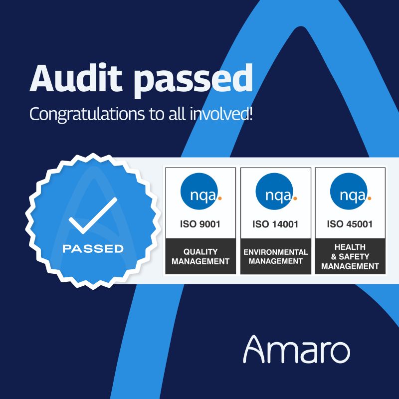 A graphic celebrating a successful audit with the text ‘Audit passed, Congratulations to all involved!’ prominently displayed. Below, three blue badges marked with a check symbol show certification for ISO 9001 Quality Management, ISO 14001 Environmental Management, and ISO 45001 Health & Safety Management. The company logo ‘Amaro’ is featured at the bottom