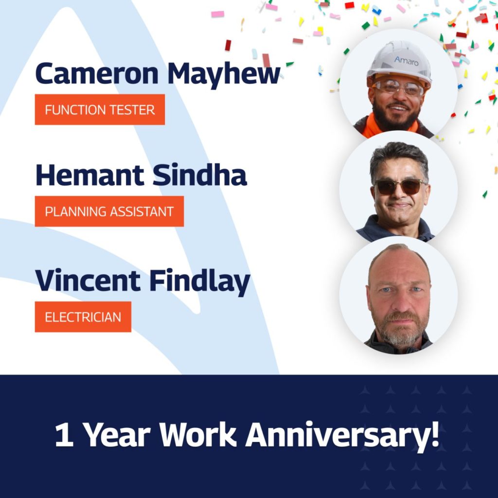 Celebration graphic for the 1-year work anniversary of Cameron Mayhew (Function Tester), Hemant Sindha (Planning Assistant), and Vincent Findlay (Electrician). Includes individual headshots, confetti at the top, and the text '1 Year Work Anniversary!' at the bottom on a blue background.