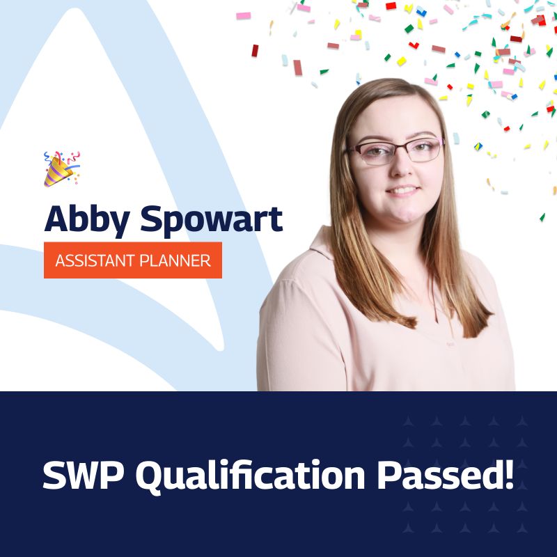 Celebratory graphic featuring Abby Spowart, Assistant Planner, for achieving her SWP qualification. Includes a professional headshot, confetti, and the text 'SWP Qualification Passed!' on a blue and white background with a festive design.