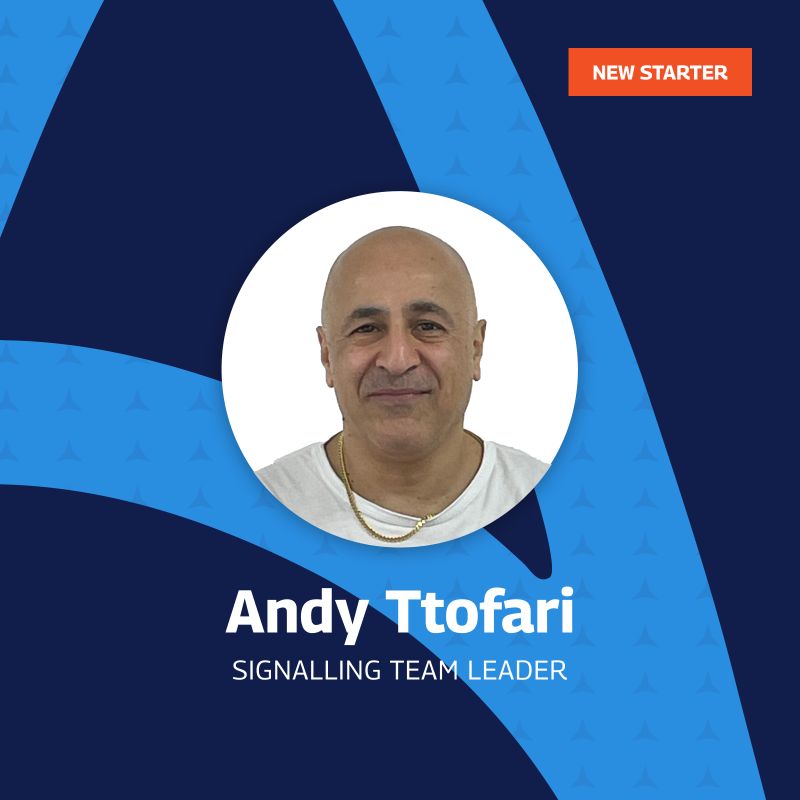 Welcome graphic for Andy Ttofari, signalling team leader, featuring his headshot on a blue background with an Amaro-themed design and the label 'New Starter' in the top-right corner.