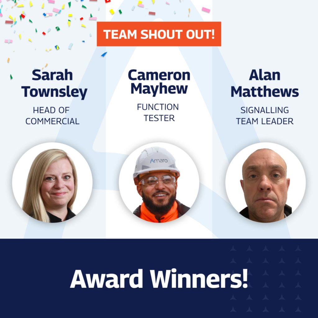 Team Shout Out graphic celebrating award winners Sarah Townsley (Head of Commercial), Cameron Mayhew (Function Tester), and Alan Matthews (Signalling Team Leader). Features individual headshots, confetti at the top, and the text 'Award Winners!' at the bottom on a blue background.