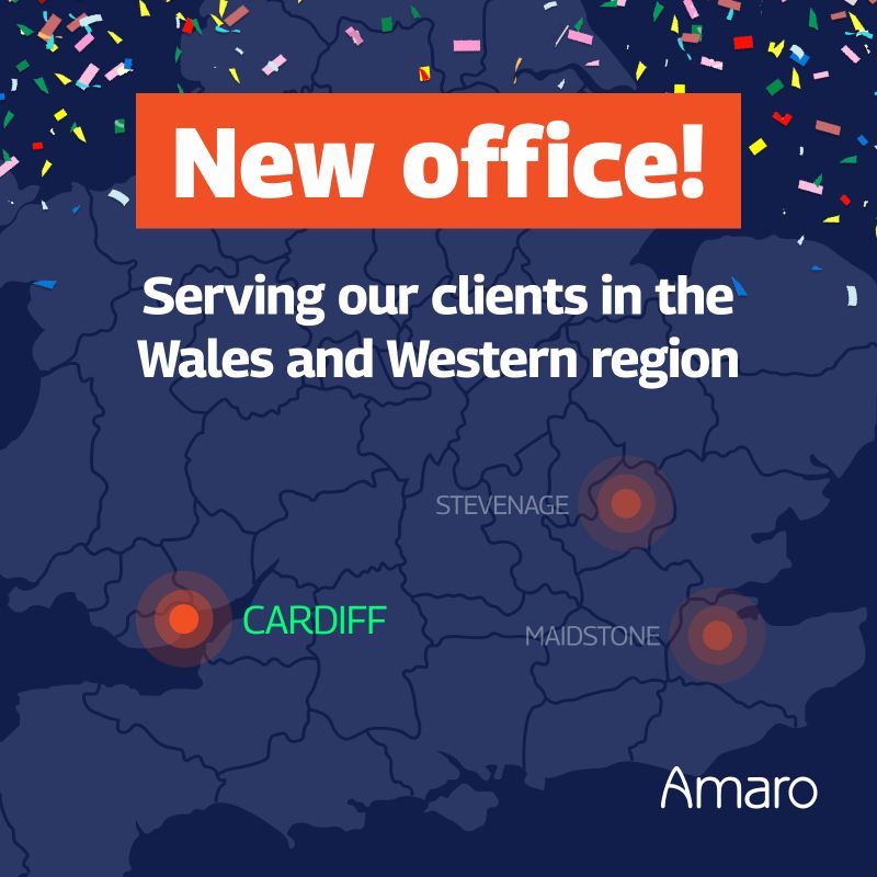 Map highlighting Amaro's new office in Cardiff, serving clients in the Wales and Western region. Features a dark blue background with marked locations for Cardiff, Stevenage, and Maidstone, and celebratory confetti above the text 'New office! Serving our clients in the Wales and Western region.