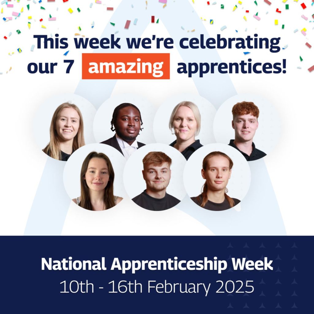 An image promoting National Apprenticeship Week, scheduled from 10th to 16th February 2025. The graphic highlights the celebration of seven apprentices, showcasing their portraits arranged in a dynamic layout. Each apprentice is framed within white circular borders against a backdrop featuring a blue geometric pattern adorned with subtle star motifs. The upper part of the image has confetti elements, enhancing the festive mood. The text in bold white letters reads "This week we're celebrating our 7 amazing apprentices!" prominently displayed across the top. Below the portraits, the event dates are mentioned in a darker blue banner for clarity and emphasis. The design is bright, cheerful, and clearly aimed at acknowledging the contributions of these apprentices.