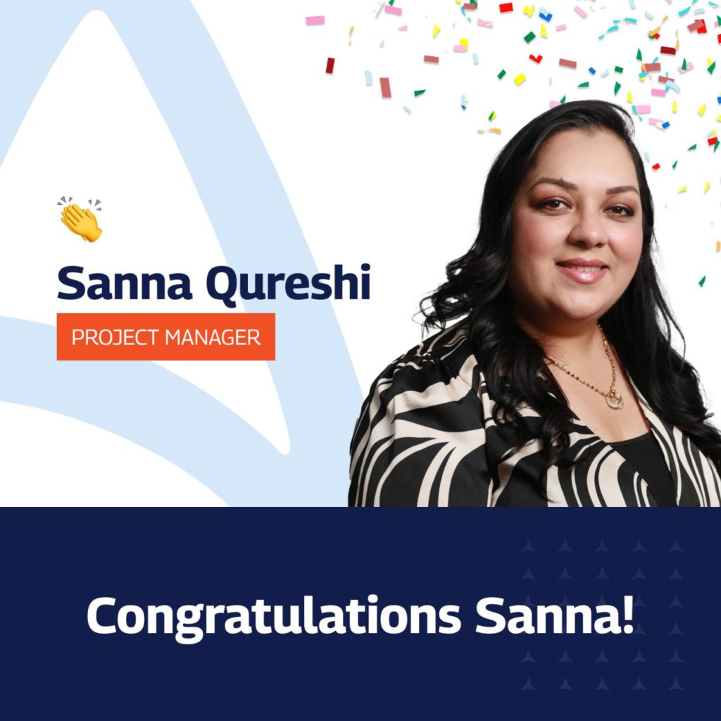 An image celebrating the achievements of Sanna Qureshi, who is highlighted as a "Project Manager." The graphic is vibrant and festive, with a white triangle at the top left providing a bold backdrop for a clapping hands emoji, symbolizing applause for her success. Sanna's name is prominently displayed in bold black text on a red background, emphasizing her key role. Her portrait shows her smiling confidently, dressed in a stylish black and white striped top, against a simple, clean background scattered with colorful confetti, adding a celebratory atmosphere. Below her photo, in a navy blue banner, the words "Congratulations Sanna!" are written in white, making the message of commendation clear and joyful. The overall design is modern and cheerful, perfectly suited for a professional celebration.