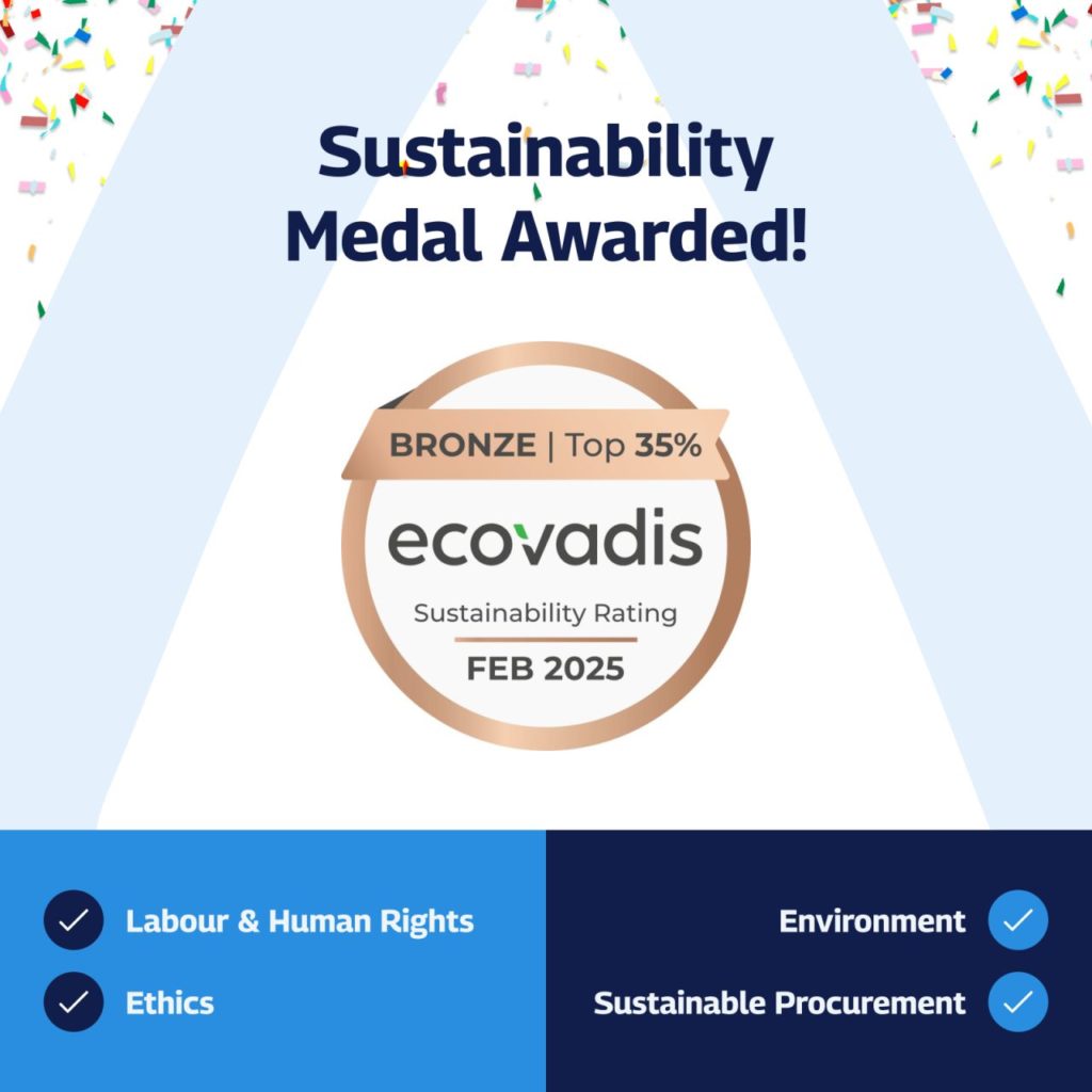 An image announcing the award of a Bronze Sustainability Medal by EcoVadis, highlighting the company's achievement in the top 35% for sustainability ratings as of February 2025. The graphic features a prominent central white triangle, against which the EcoVadis medal is displayed with the designation "BRONZE | Top 35%" clearly visible. Below this, the areas in which the company has been evaluated are listed: Labour & Human Rights, Ethics, Environment, and Sustainable Procurement, all marked with blue check marks to indicate compliance or achievement. The background has festive confetti scattered around, enhancing the celebratory feel of the announcement. The overall design is clean, professional, and visually engaging, effectively conveying the company's commitment to sustainability.